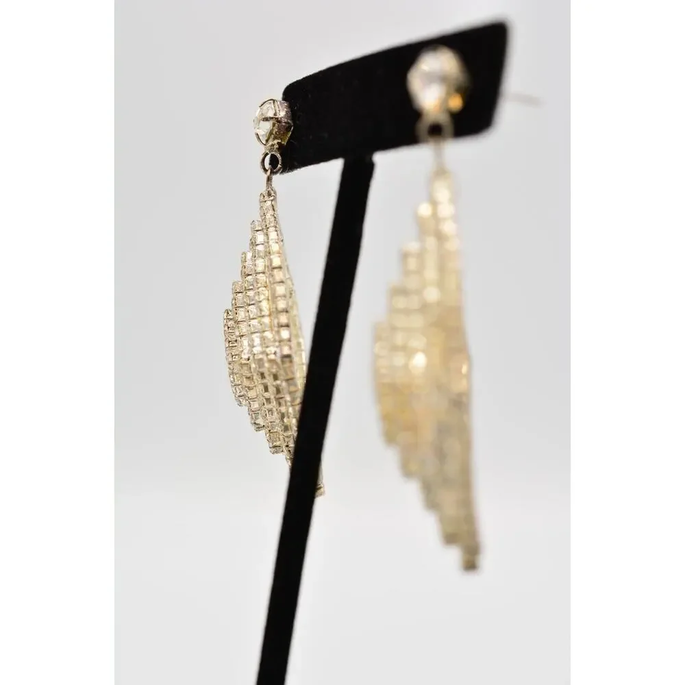 Vintage Crystal Earrings Dangle Prong Rhinestone Silver Sparkling 1990s 9L